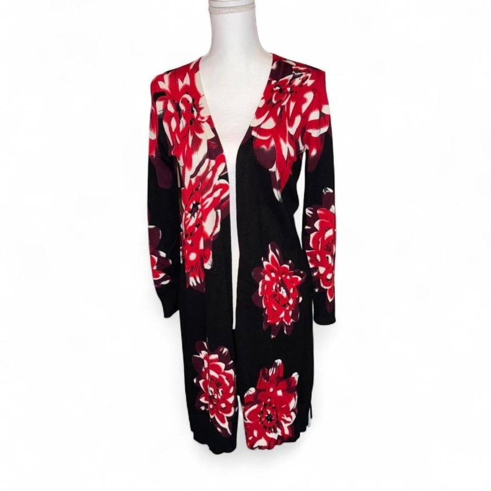 GORGEOUS RED BLACK FLORAL LONG CARDIGAN‎ SWEATER LADIES SMALL